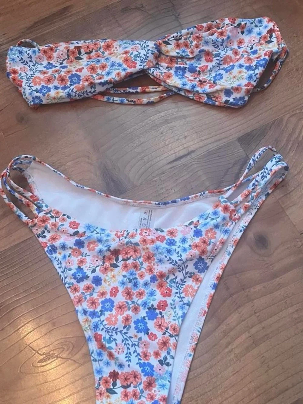 SHEIN White Floral Bandeau Bikini Set with Orange & Blue Flowers